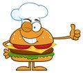 Winking Chef Hamburger Cartoon Character Showing Thumbs Up