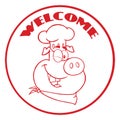 Winking Chef Pig Face Cartoon Mascot Character Red Circle Banner With Text Welcome