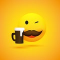 Winking Emoji - Simple Happy Drinking Emoticon with Mustache and Beer Mug - Vector Design for Web and Online Apps