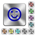 Winking emoticon rounded square steel buttons