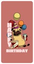 Winking pug with cola, popcorn and balloons.