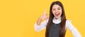 Winking school age girl child happy smile pointing finger gun hand gesture. Child face, horizontal poster, teenager girl