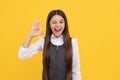 Winking schoolgirl in school uniform happy smile gesturing OK sing yellow background, agreed