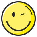 Winking smiley. World Smile Day, October 4th banner. Cute happy round emoticon with a beaming smile.