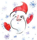 Winking and smiling Santa Claus, handdrawn watercolor illustration with clipping mask, cute kawaii noetic style