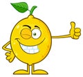 Winking Yellow Lemon Fresh Fruit With Green Leaf Cartoon Mascot Character Giving A Thumb Up.