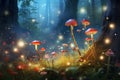 winkling fireflies light the path through a whimsical forest of towering mushrooms and sparkling streams. Generative AI