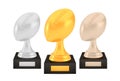 Winner american football awards set, gold silver bronze trophy cups on stands with empty plates Royalty Free Stock Photo