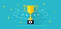 Winner award banner vector illustration, flat cartoon trophy golden cup with first place prize and line outline ribbon Royalty Free Stock Photo