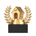 Winner Award Cube Gold Laurel Wreath Podium, Stage or Pedestal with Golden Cartoon Dog House. 3d Rendering Royalty Free Stock Photo