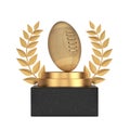 Winner Award Cube Gold Laurel Wreath Podium, Stage or Pedestal with Golden Classic Old Leather Rugby Ball. 3d Rendering