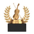 Winner Award Cube Gold Laurel Wreath Podium, Stage or Pedestal with Golden Classic Violin with Bow. 3d Rendering