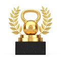 Winner Award Cube Gold Laurel Wreath Podium, Stage or Pedestal with Golden Fitness Dumbbell Weight. 3d Rendering