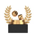 Winner Award Cube Gold Laurel Wreath Podium, Stage or Pedestal with Golden Game Dice Cubes in Flight. 3d Rendering Royalty Free Stock Photo