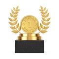 Winner Award Cube Gold Laurel Wreath Podium, Stage or Pedestal with Golden Award Loyalty Program Bonus Coin. 3d Rendering