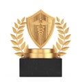 Winner Award Cube Gold Laurel Wreath Podium, Stage or Pedestal with Golden Medieval Viking Warrior Shield and Golden Medical