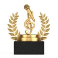 Winner Award Cube Gold Laurel Wreath Podium, Stage or Pedestal with Golden Music Treble Clef and Microphone. 3d Rendering Royalty Free Stock Photo