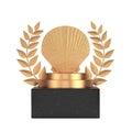 Winner Award Cube Gold Laurel Wreath Podium, Stage or Pedestal with Golden Scallop Sea or Ocean Shell Seashell. 3d Rendering Royalty Free Stock Photo