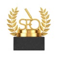 Winner Award Cube Gold Laurel Wreath Podium, Stage or Pedestal with Golden SEO Sign. 3d Rendering