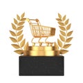 Winner Award Cube Gold Laurel Wreath Podium, Stage or Pedestal with Golden Shopping Trolley Cart. 3d Rendering