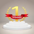 Winner award on victory pedestal. 1st place best trophy stands on championship podium vector poster Royalty Free Stock Photo