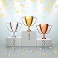 Winner background. Trophy Cups on prize podium. Vector illustration Royalty Free Stock Photo