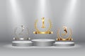 Winner background with golden, silver and bronze laurel wreaths with ribbons and first, second and third place signs on Royalty Free Stock Photo