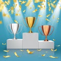 Winner background. Trophy Cups on prize podium. Vector illustration