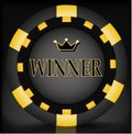 Winner banner. Gold inscription on a casino chip on a black background