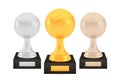 Winner basketball awards set, gold silver bronze trophy cups on stands with empty plates Royalty Free Stock Photo