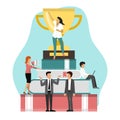 Winner and big golden cup standing on stack of books vector illustration. Graduate victory in knowledge competition.