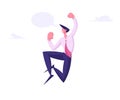 Winner Business Man Celebrating Victory or Successful Deal Jumping in Air with Yeah Gesturing and Empty Speech Bubble Royalty Free Stock Photo