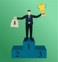 Winner businessman holding trophy cup and money Royalty Free Stock Photo