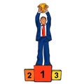 Winner businessman with winning cup standing on podium. Vector