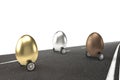 Winner car eggs for happy Easter in gold, silver, bronze on road background Royalty Free Stock Photo