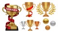 Winner collection. Trophy, realistic medals. Golden cup with red ribbon, isolated gold silver bronze medal. Anniversary