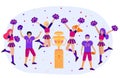 Winner Concept with Cheerleaders Team and American Football Players around Golden Cup. Cartoon Vector Stock Flat