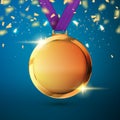 Winner concept. Blank gold medal with confetti. Vector illustration