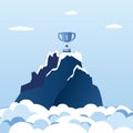 Winner cup on the mountain peak. Way to successful business,rock in clouds