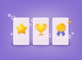 Winner cup, star and medal gold icons. Promotion discount present point, customer promo surprise. 3D Web Vector Illustrations
