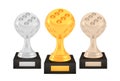 Winner dice awards set, gold silver bronze trophy cups on stands with empty plates Royalty Free Stock Photo