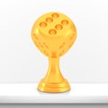 Winner dice cup award, golden trophy logo isolated on white shelf table background