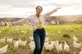 Winner, farm and chickens with a black woman agriculture worker in celebration while farming in the poultry industry