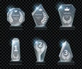 Winner glass trophy. First place award, crystal prize and signed acrylic trophies realistic vector set