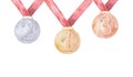 Winner Gold, Silver, Bronze Medals Set Watercolor. Metal Realistic Badge With First, Second, Third Placement Achievement. Round Royalty Free Stock Photo