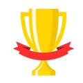 Winner gold trophy gold cup with red ribbon flat vector icons for sports victory concept. Sport award and prize, trophy cup illus Royalty Free Stock Photo