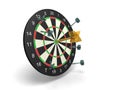 Winner golden dart in center with other bad darts