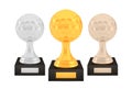 Winner golf awards set, gold silver bronze trophy cups on stands with empty plates Royalty Free Stock Photo