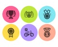 Winner, Honor and Reward icons set. Laureate medal, Bicycle parking and Best rank signs. Vector