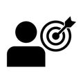 Winner icon vector bullseye target dartboard with male user profile avatar symbol for business development goals in glyph